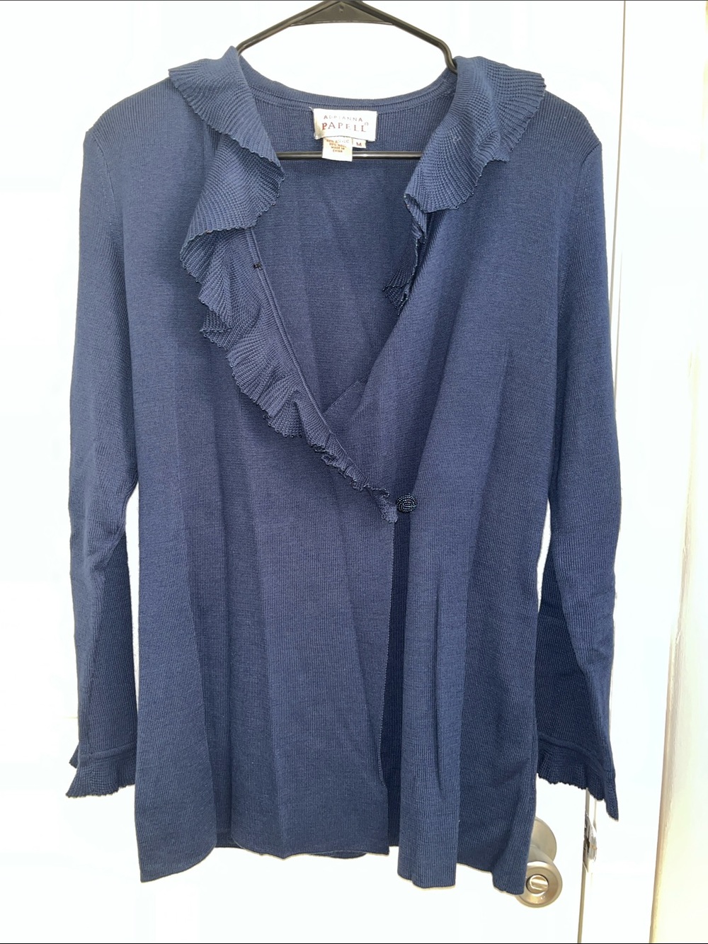 Adrianna Papell Navy Ruffle-Front Knit Cardigan